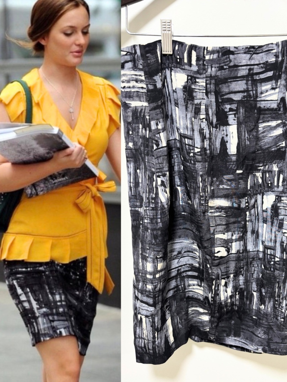 ASO Blair Waldorf Gossip Girl Vince Silk Abstract Brushstroke Pencil Skirt 10